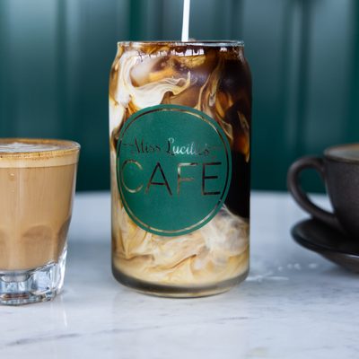 Latte art in a ceramic cup.