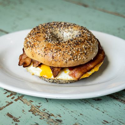 Bacon, egg and cheese on an everything bagel.